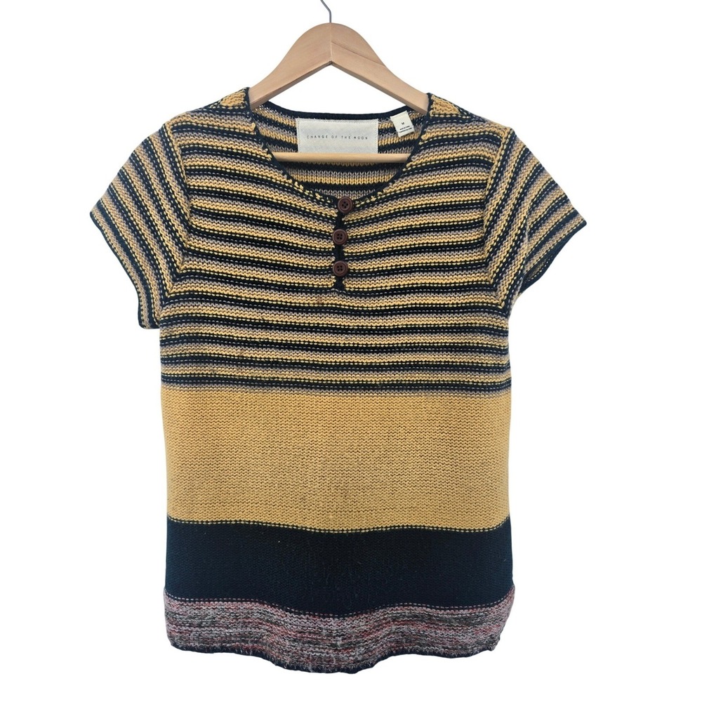 Change of the Moon Sweater Top Womens Medium Yellow Black Striped Henley Knit